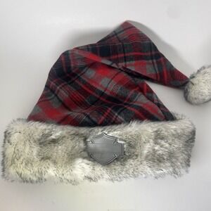 Harley Davidson Plaid Santa Hat‎ Faux Fur Trim Holiday Christmas Festive